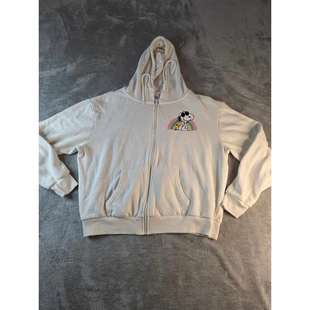 Peanuts Zip Up Hoodie Women Large Winter White Joe Cool Good Vibes Rainbow
